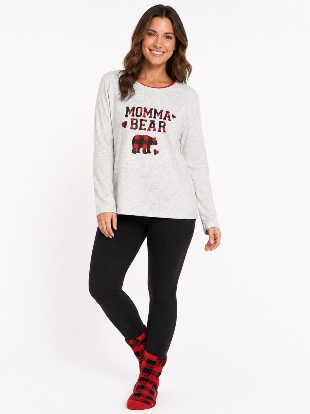 Dearfoams Momma Bear Pajama Top Cozy Socks Buffalo Plaid Small